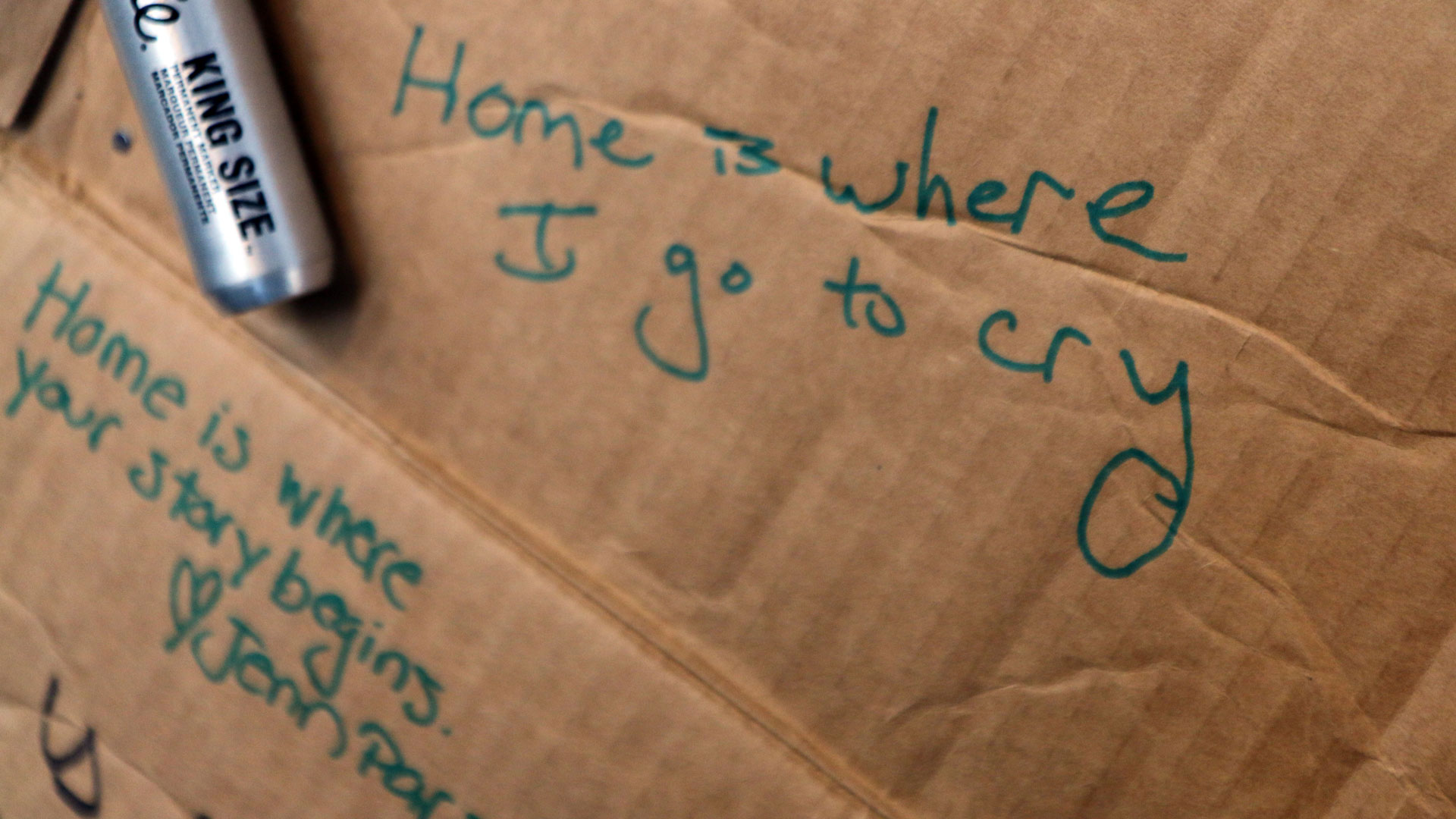 Cardboard signs hand-lettered in green marker reading Home is where I go to cry and Home is where your story begins
