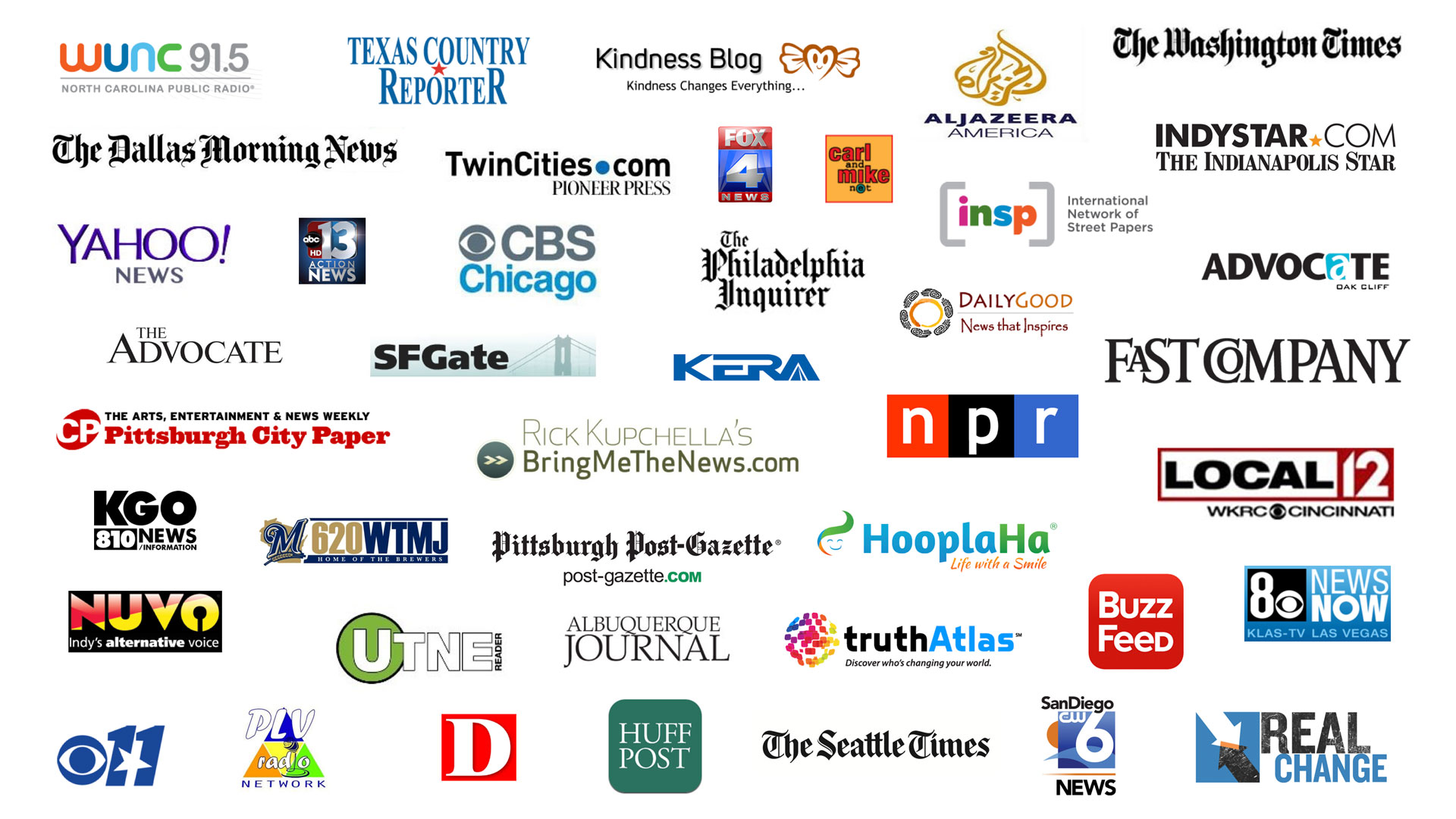 Logos of press outlets that have covered We Are All Homeless, including NPR, Yahoo News, CBS Chicago, HuffPost, BuzzFeed, Fast Company and The Seattle Times