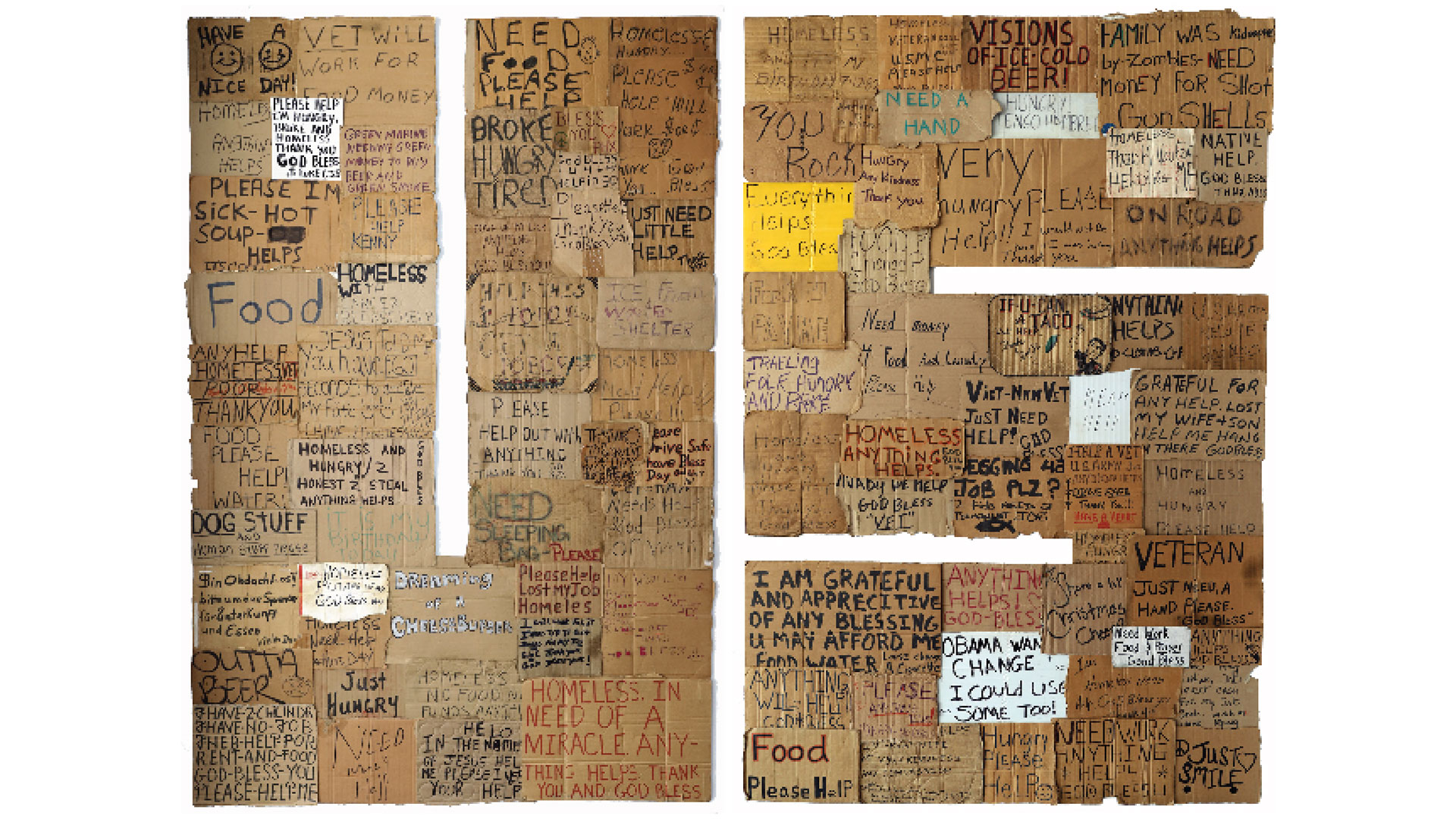 Two large panels assembled from dozens of handmade signs collected from people experiencing homelessness across the United States